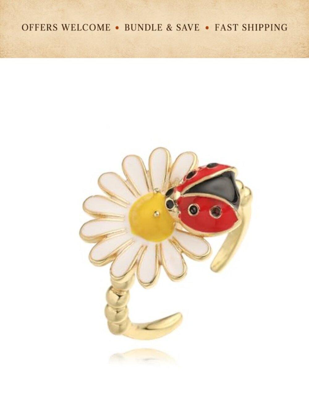 14k Gold Plated Copper Daisy Ladybug Adjustable Open Ring Stacking Jewelry